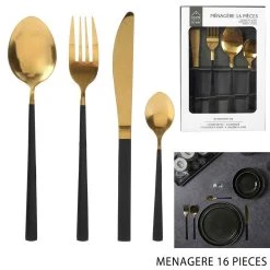 Home Déco Factory Menagère 16 Pieces Doré Et Noir En Acier Inoxydable