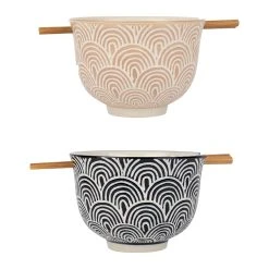 SEMA DESIGN Bols X2 Arc En Ciel Taupe Et Bleu Marine En Grès Et Baguettes En Bambou - Blue Sand