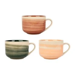 SEMA DESIGN Tasse Dejeuner X3 Sweet Leaves Terracotta+vert+corail 60cl-d12xh8.5cm Gres